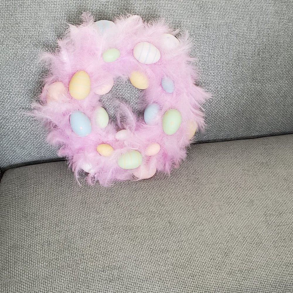 Decorative Pastel Eggs and Pink Feathers Wreath